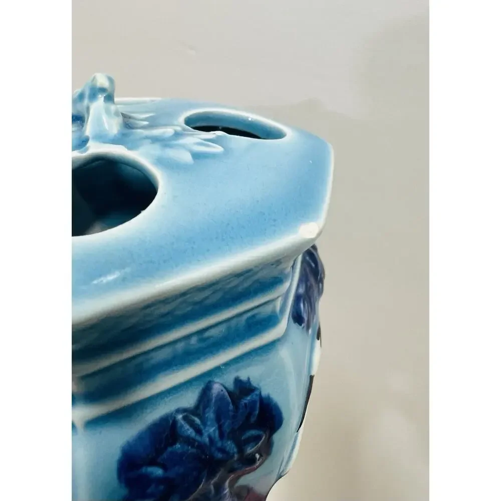 Vintage Japanese Blue Heron Egret Ceramic Flower Frog Vase Ikebana Made Japan
